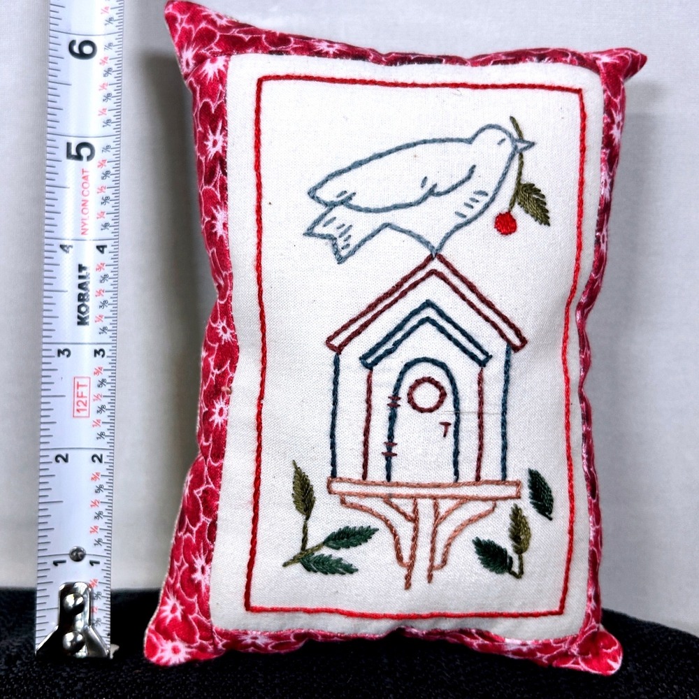 Handmade Embroidered Birdhouse Mini Accent Pillow